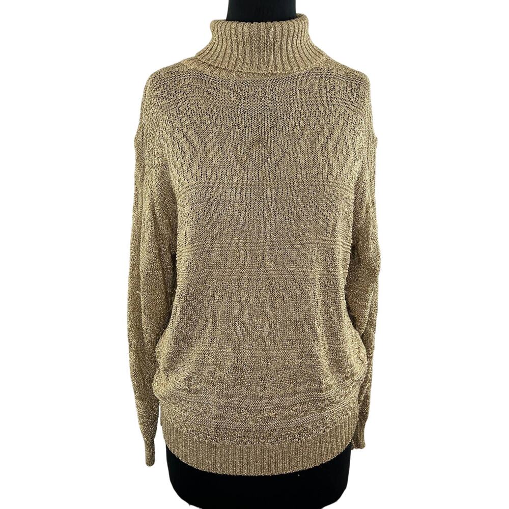 VINTAGE Ralph Lauren Blue Label Gold Metallic Knit Turtleneck Long Slv Sweater L